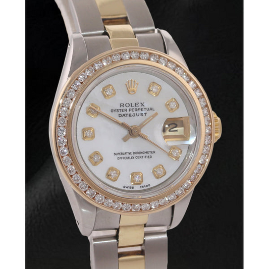 Rolex Datejust 26 mm White Mother Of Pearl Diamond Dial Two Tone Oyster Bracelet Watch