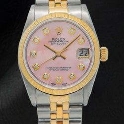 Rolex Datejust 36 mm Pink Mother of Pearl Diamond Dial Two Tone Watch