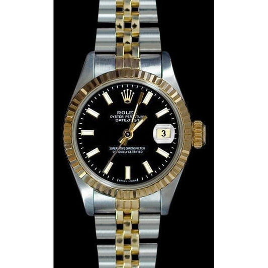 Ladies Watch Black Stick Dial Ss & Gold
