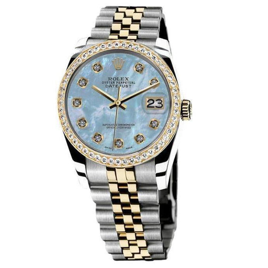 Men Watch Two Tone Diamond Bezel Blue Mop