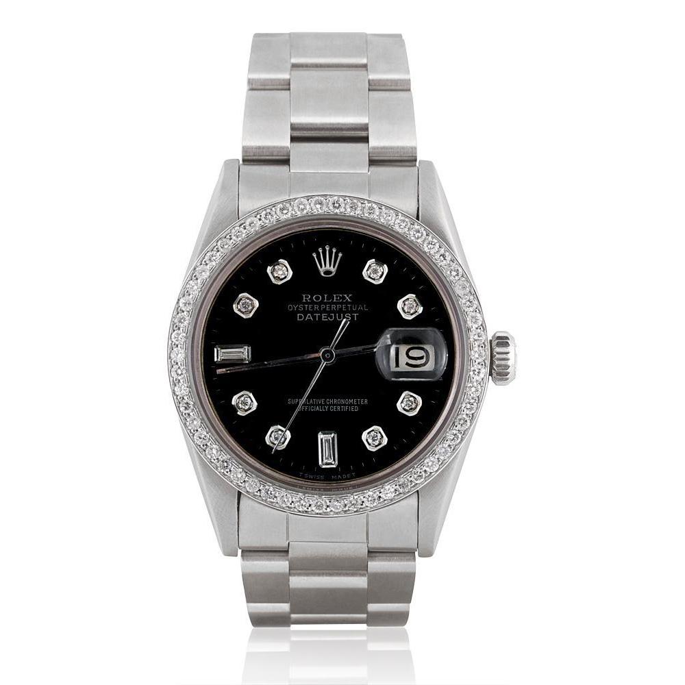 Rolex Datejust Watch Black Diamond Dial Stainless Steel Bracelet