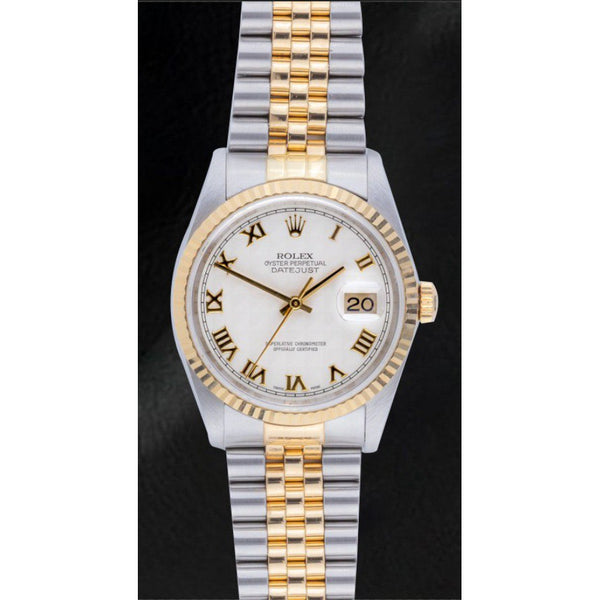 Rolex Datejust Year 2002 White Roman Dial 36 mm Two Tone Watch