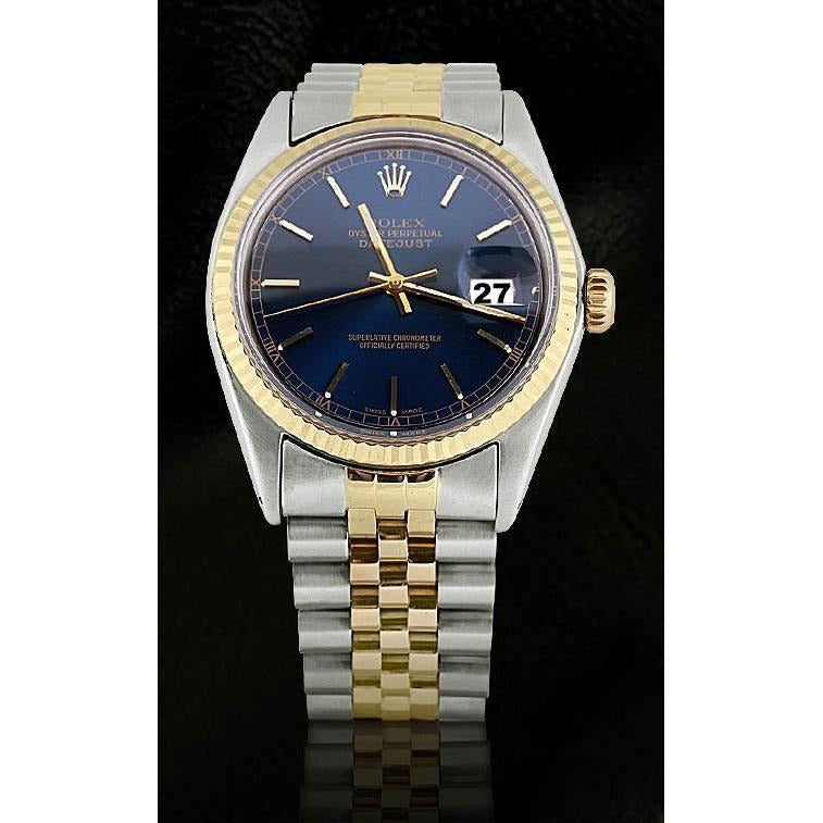 Blue Stick Dial Fluted Bezel Men's Watch Ss & Gold