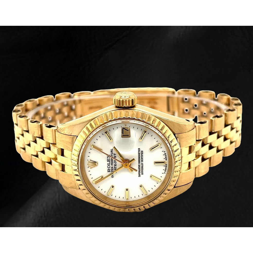 Rolex Dtaejust President Style Yellow Gold Ladies Watch With White Stick Dial
