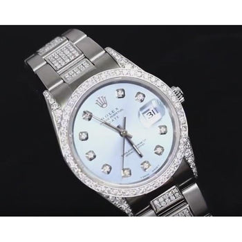 Rolex Ladies Date 34 Mm-Watch Oyster Bracelet Blue Dial 7 Ct.