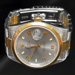 Rolex Oyster Perpetual Date Silver Arabic 34mm Two Tone Watch