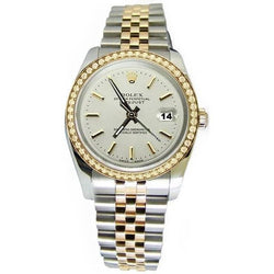 Rolex Two Tone Watch Datejust Gold White Stick Dial Diamond Bezel QUICK SET