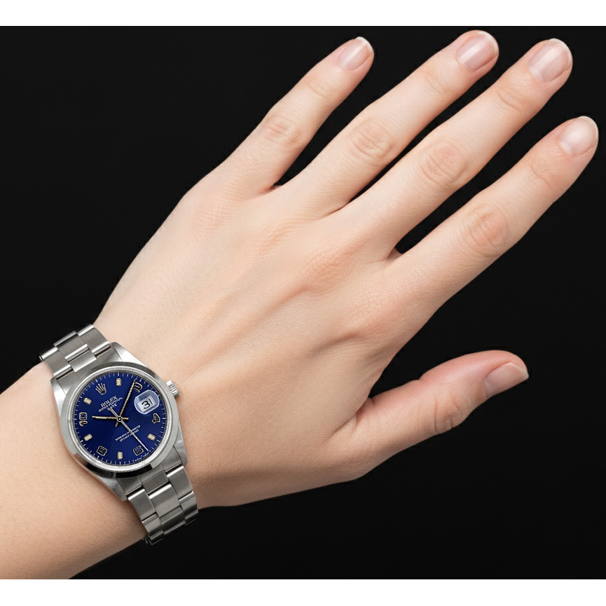 Rolex 15200 Oyster Perpetual Date Blue Arabic 34mm SS Watch