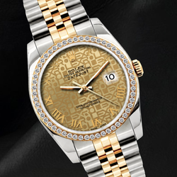 Rolex 16013 36mm Champagne Pattern Roman Dial Diamond Bezel Watch Two Tone