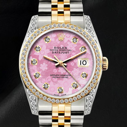 Rolex 16013 36mm Datejust  Pink Floral Diamond Dial Two Tone Watch