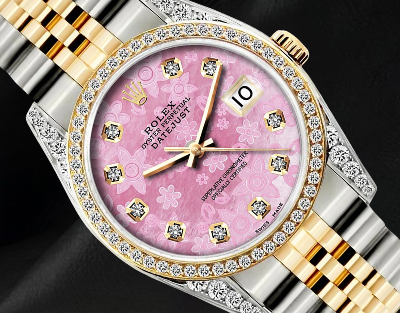 Rolex 16013 36mm Datejust  Pink Floral Diamond Dial Two Tone Watch