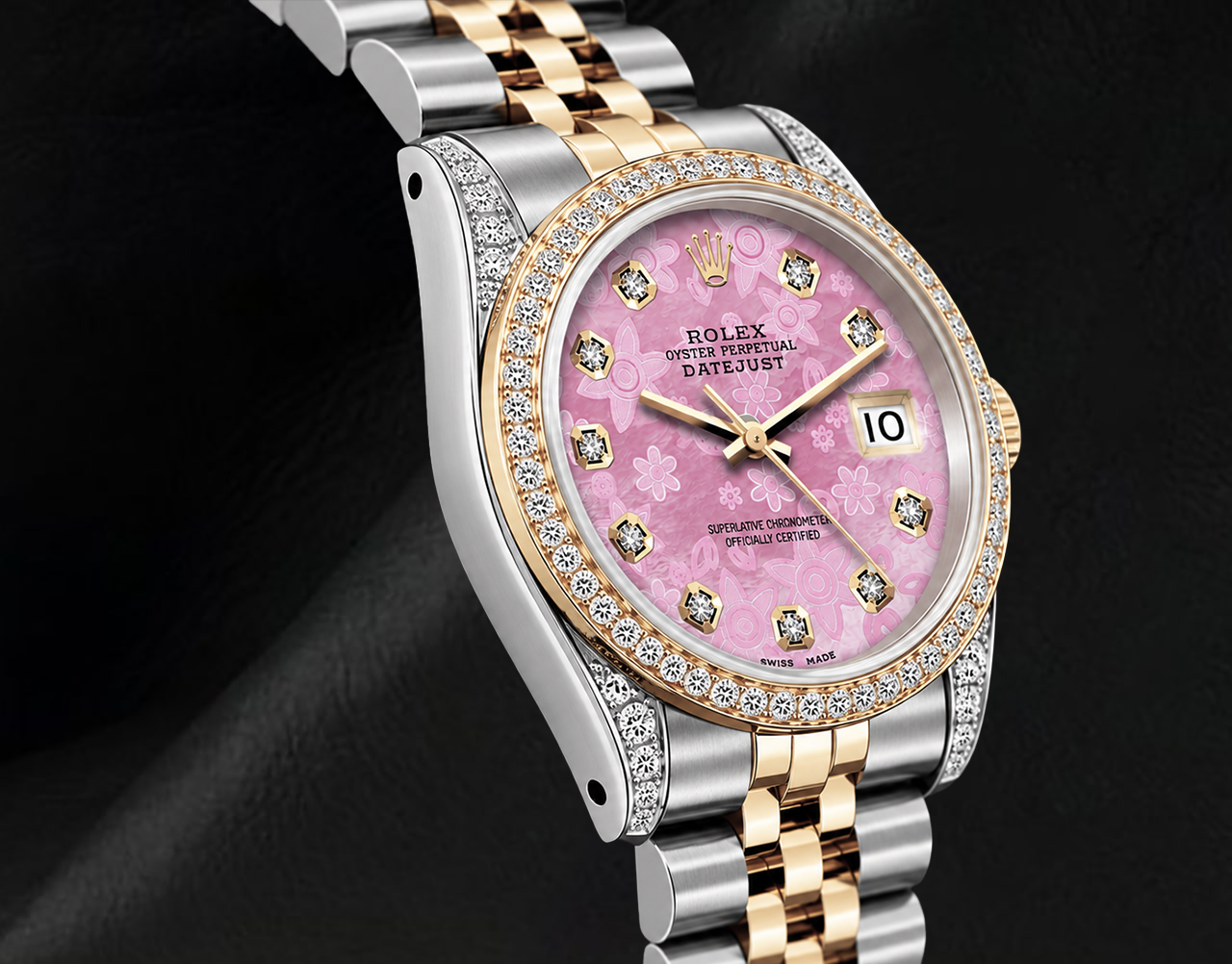 Rolex 16013 36mm Datejust  Pink Floral Diamond Dial Two Tone Watch