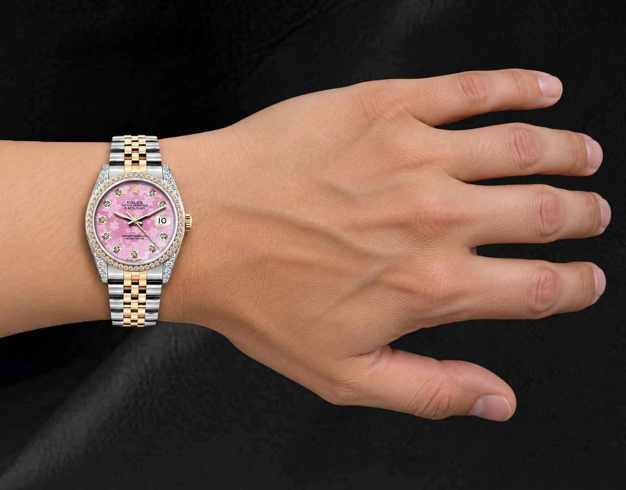 Rolex 16013 36mm Datejust  Pink Floral Diamond Dial Two Tone Watch