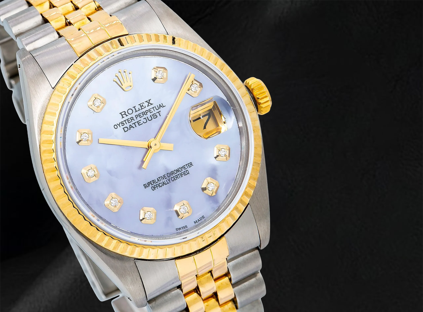 Rolex 16013 Datejust 36mm  Blue Mother of Pearl Diamond Dial Two Tone Watch
