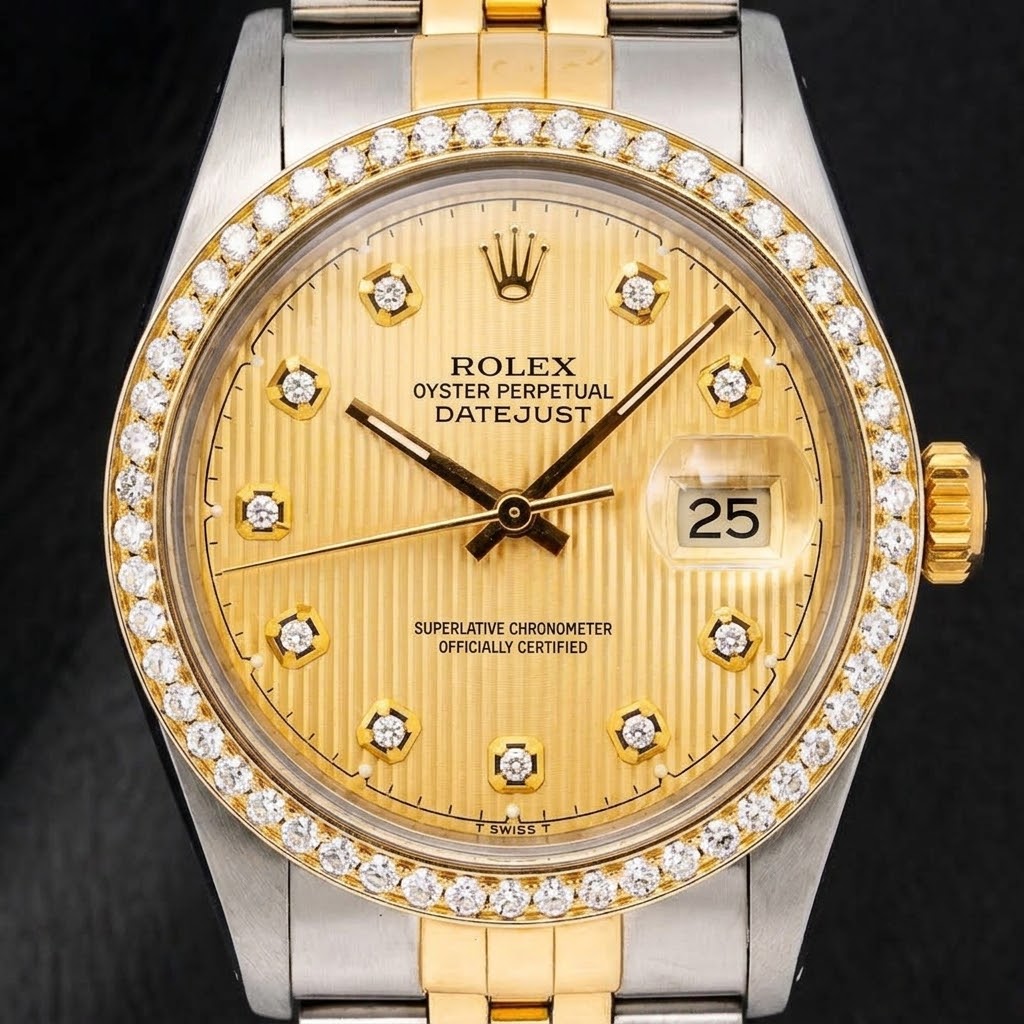 Rolex 16013 Datejust 36mm Champagne Tapestry Diamond Dial Two Tone Watch