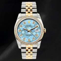 Rolex 16013 Datejust 36mm Ice Blue Floral Diamond Dial Two Tone Watch