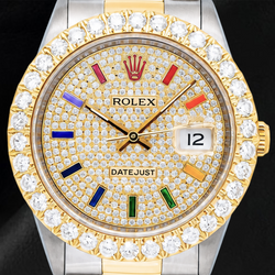 Rolex 16013 Datejust Diamond Paved Rainbow Hour Dial 36mm Watch Two Tone