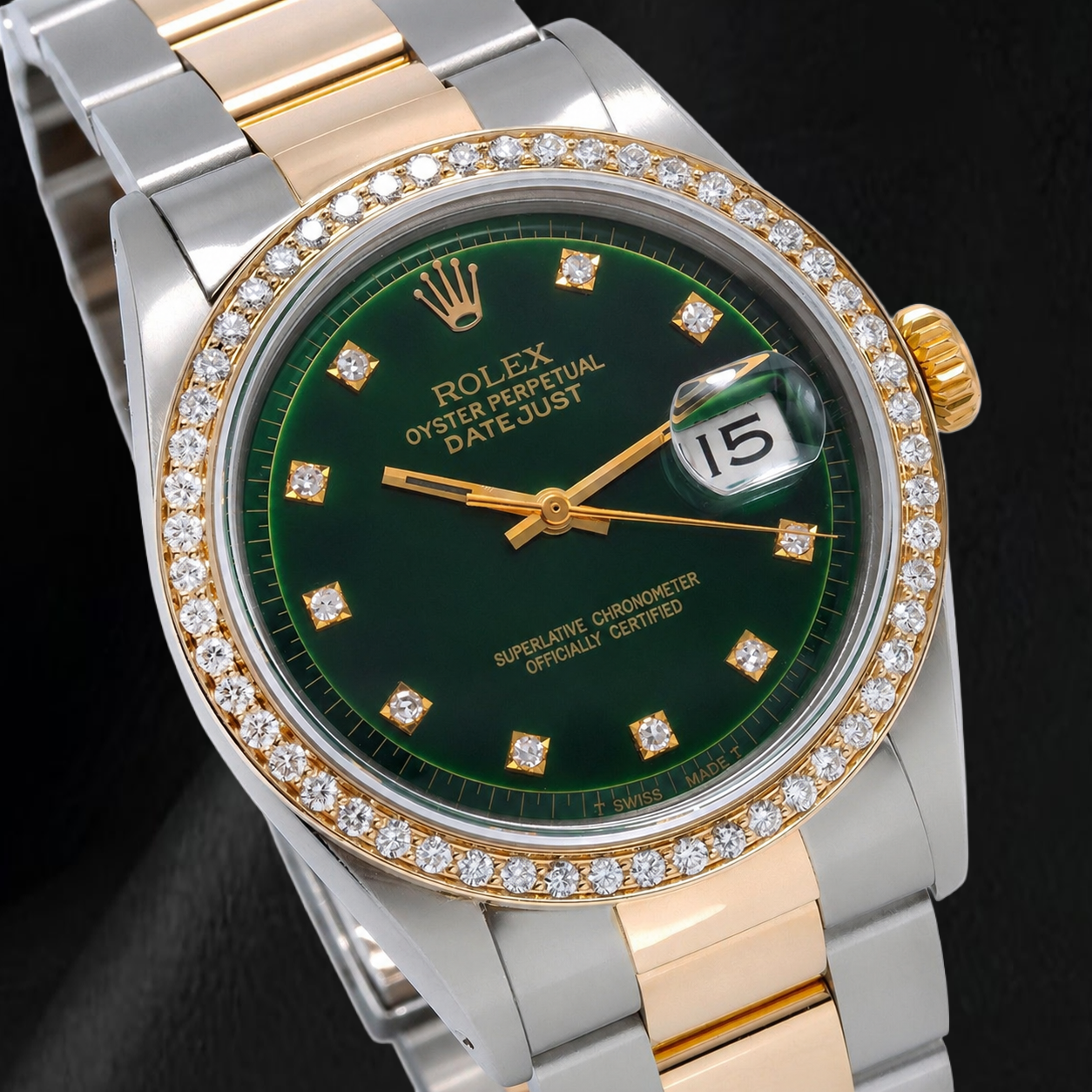 Rolex 1601 Datejust 36mm Green Diamond Dial Two Tone Watch