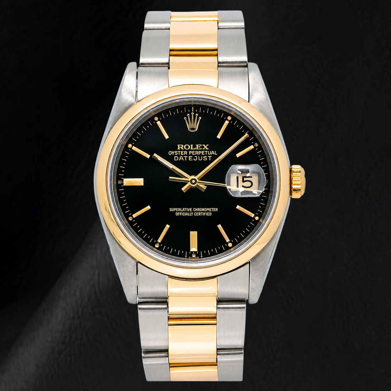 Rolex 16203 Datejust 36mm Black Stick Dial Two Tone Oyster Bracelet Watch