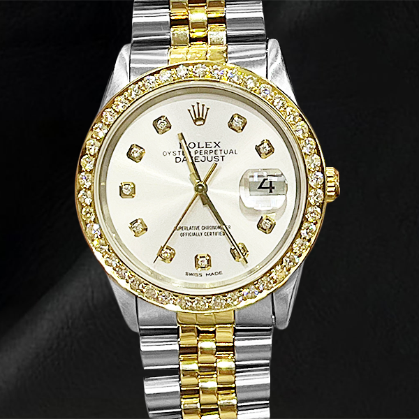 Rolex 16233 Datejust 36mm Grey Diamond Dial Two Tone Watch