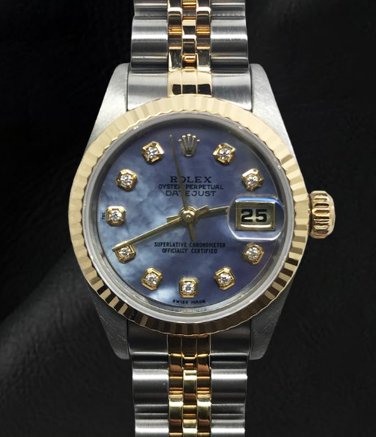 Rolex Year 2001 Datejust Gray Mother Of Pearl Diamond Dial 26 mm Two Tone Watch