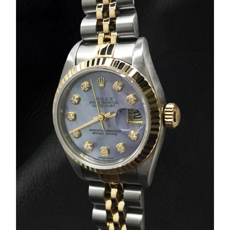 Rolex Year 2001 Datejust Gray Mother Of Pearl Diamond Dial 26 mm Two Tone Watch