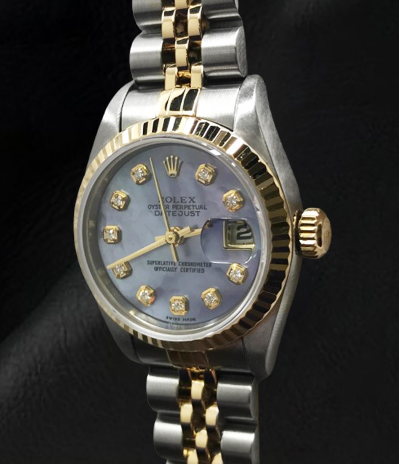 Rolex Year 2001 Datejust Gray Mother Of Pearl Diamond Dial 26 mm Two Tone Watch