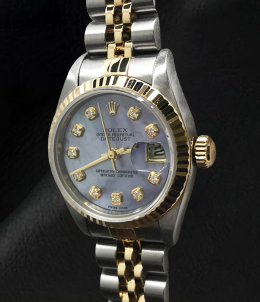 Rolex Year 2001 Datejust Gray Mother Of Pearl Diamond Dial 26 mm Two Tone Watch
