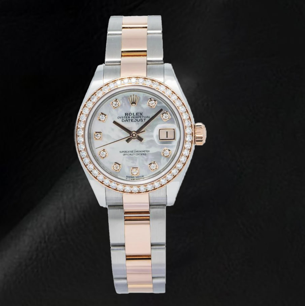 Rolex 2019 Lady Datejust 279381RBR 28mm White Mother Of Pearl Diamond Dial Everose Gold Two Tone Watch