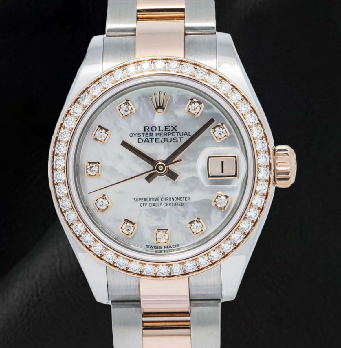 Rolex 2019 Lady Datejust 279381RBR 28mm White Mother Of Pearl Diamond Dial Everose Gold Two Tone Watch