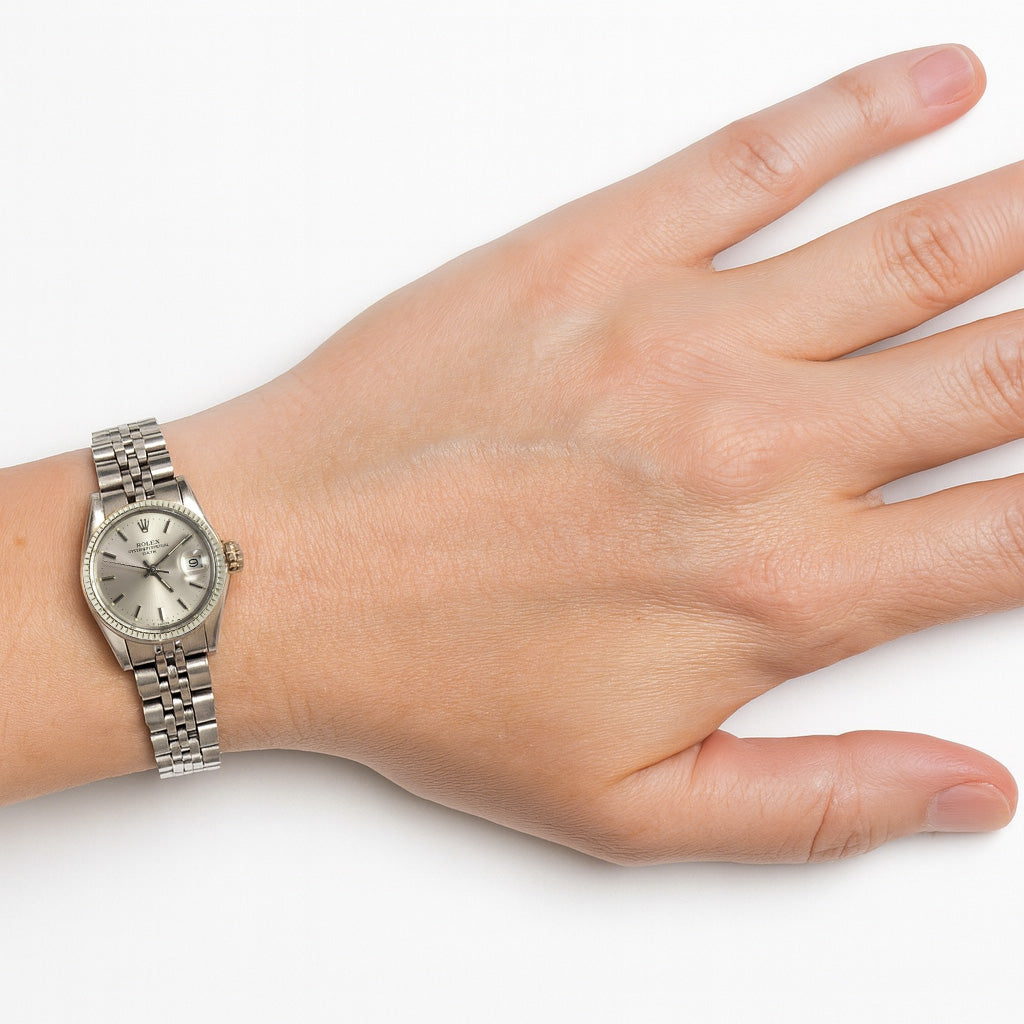 Rolex 26 mm Silver Stick Dial Stainless Steel Date Watch