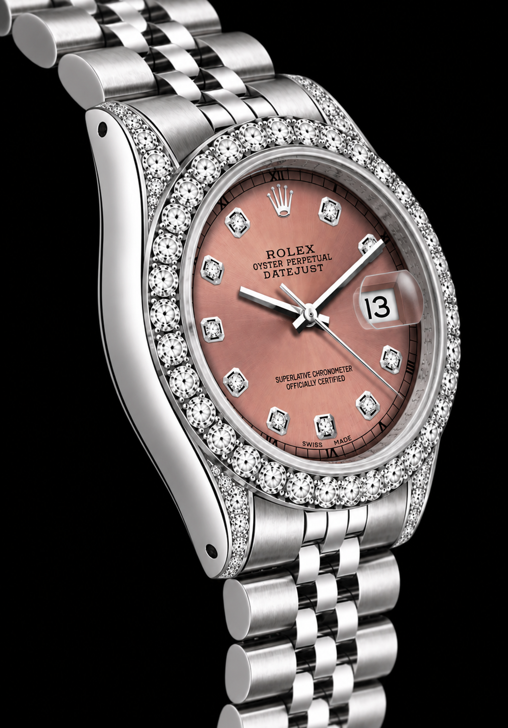 Rolex 26mm Datejust 6916 Salmon Diamond Dial Diamond Bezel Watch Stainless Steel
