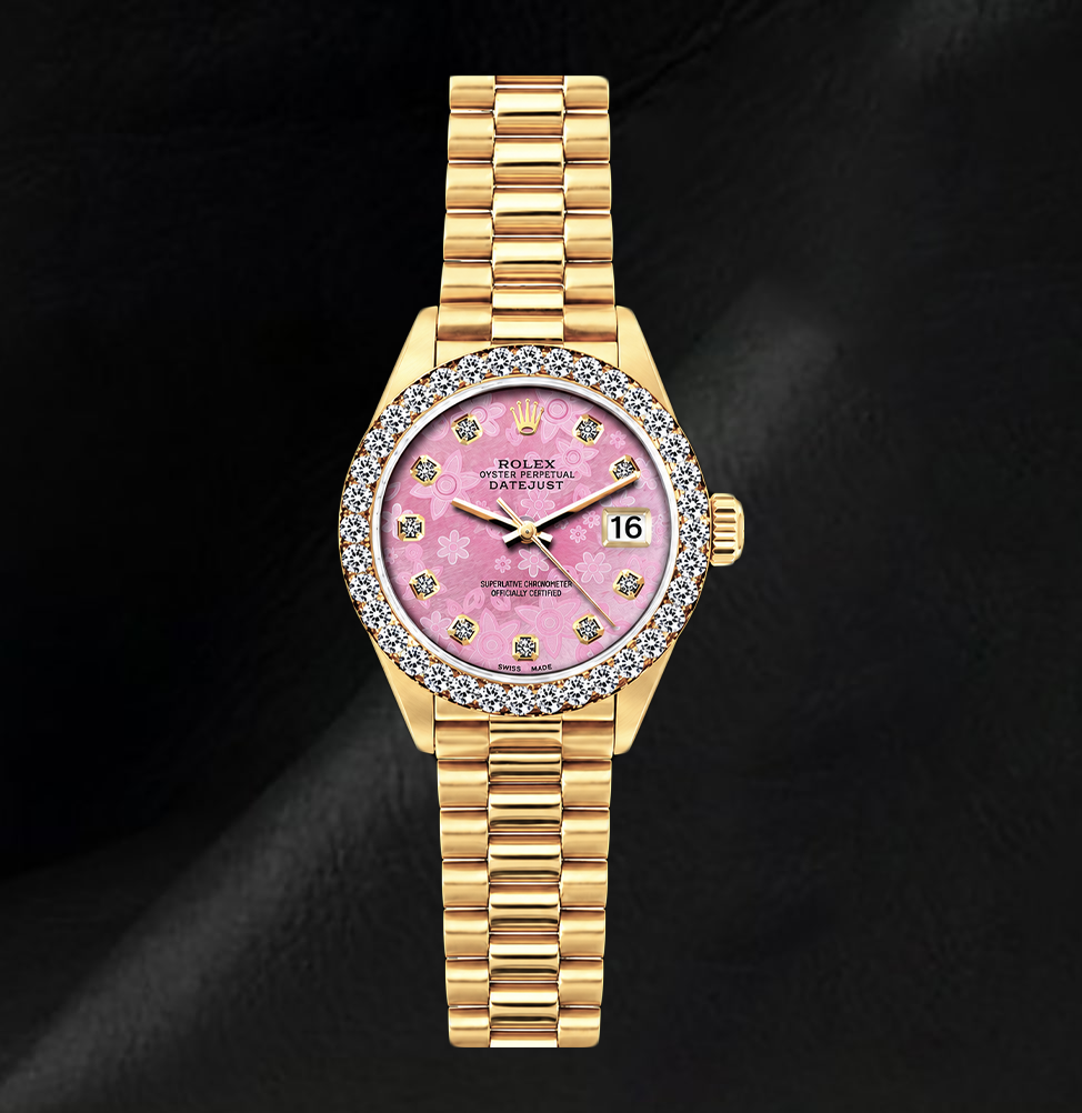 Rolex 26mm Datejust 69178 Pink Mother of Pearl Diamond Dial President Bracelet Watch 18K