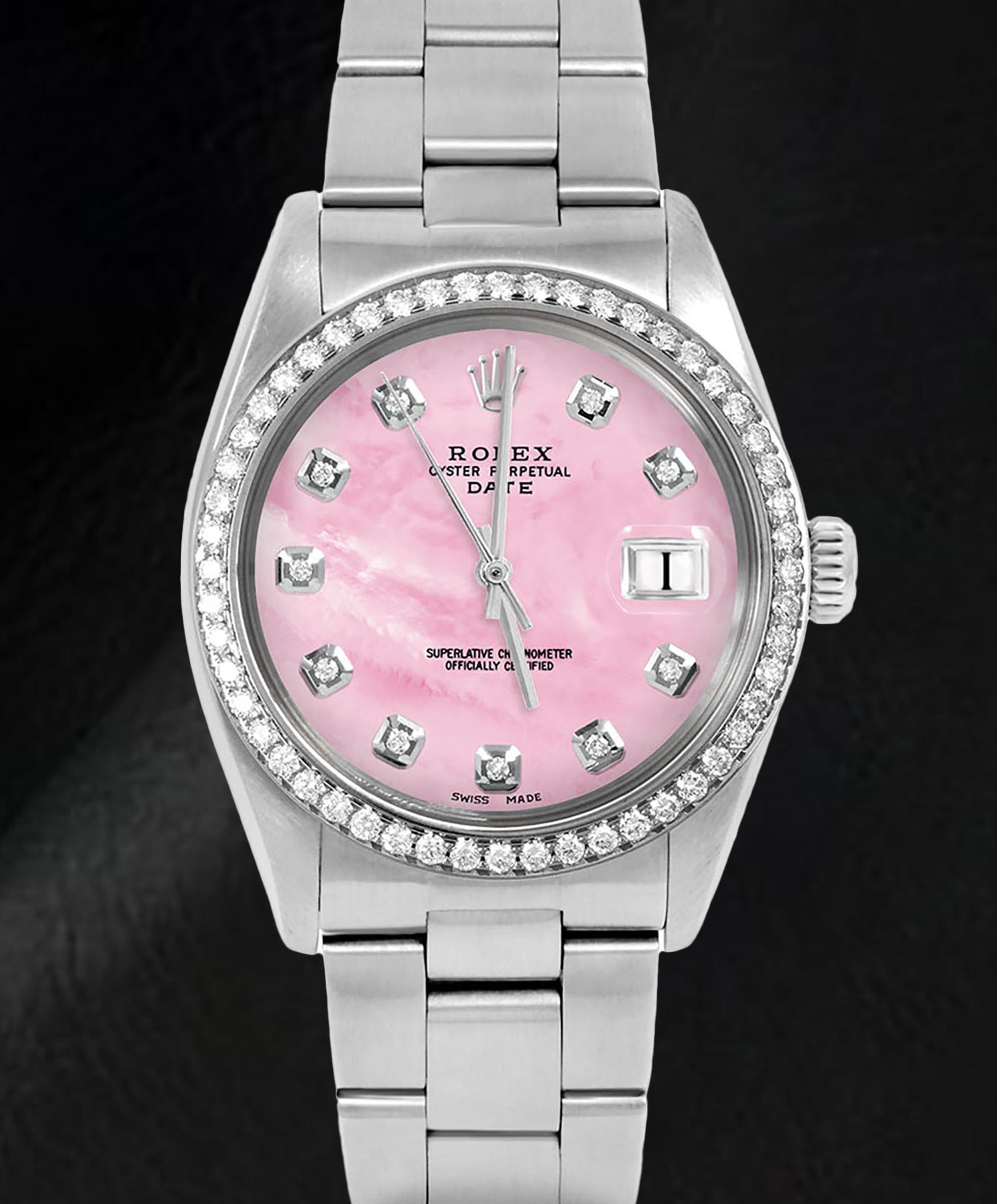 Rolex 31 mm Pink Mother of Pearl Diamond Dial Oyster Stainless Steel Watch