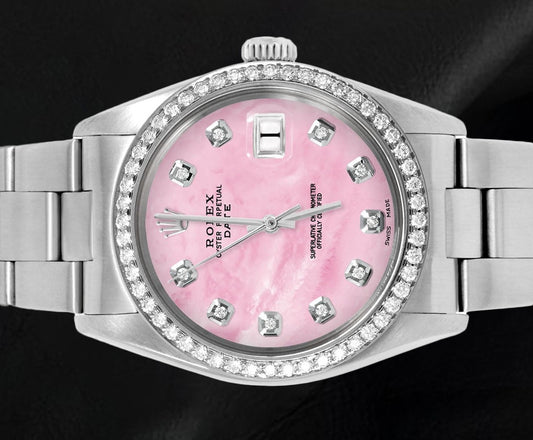 Rolex 31 mm Pink Mother of Pearl Diamond Dial Oyster Stainless Steel Watch