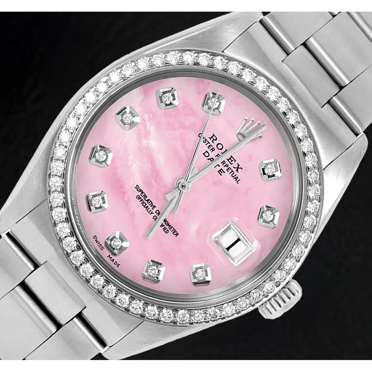 Rolex 31 mm Pink Mother of Pearl Diamond Dial Oyster Stainless Steel Watch