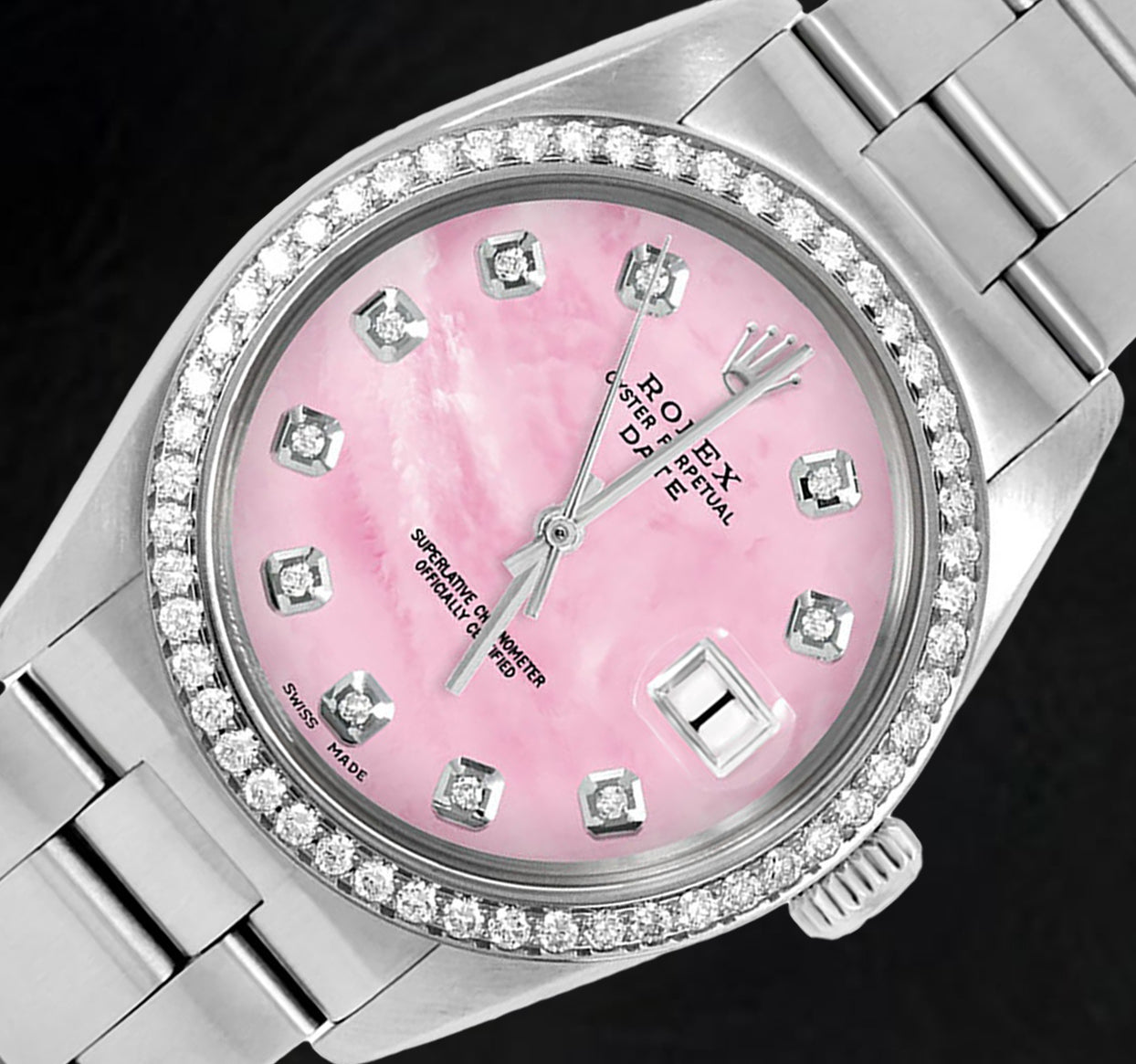 Rolex 31 mm Pink Mother of Pearl Diamond Dial Oyster Stainless Steel Watch