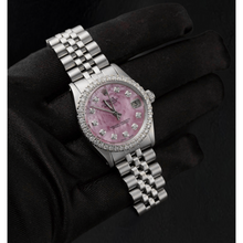 Rolex 31mm Pink Mother Of Pearl Diamond Dial Stainless Steel Watch