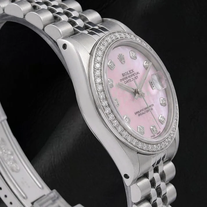 Rolex 31mm Pink Mother Of Pearl Diamond Dial Stainless Steel Watch