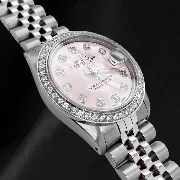 Rolex 31mm Pink Mother Of Pearl Diamond Dial Stainless Steel Watch