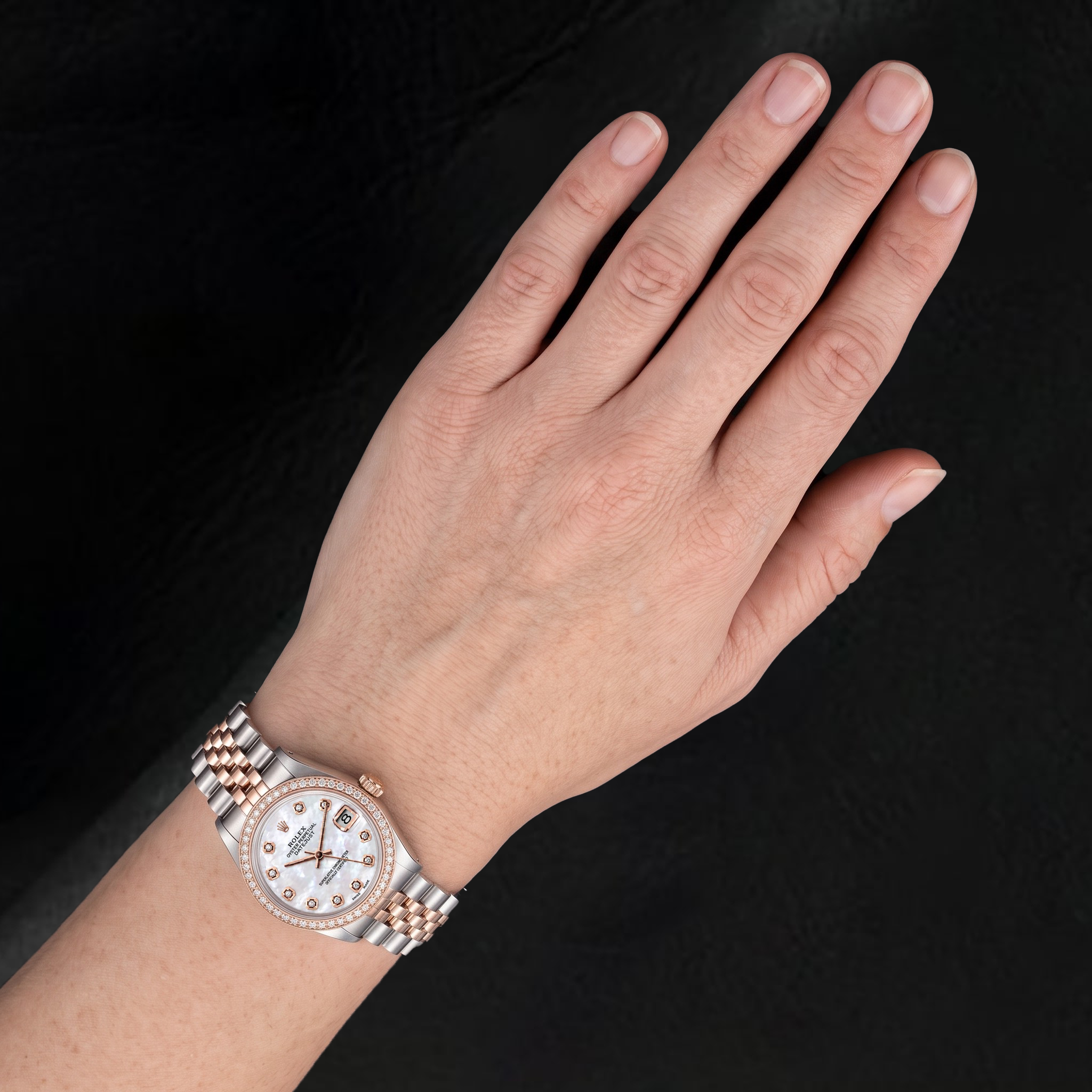 Rolex 31mm White Mother Of Pearl Diamond Dial Two Tone Watch