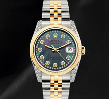 Rolex 36mm 16013 Datejust Black Mother of Pearl Diamond Dial Fluted Bezel Watch Two Tone