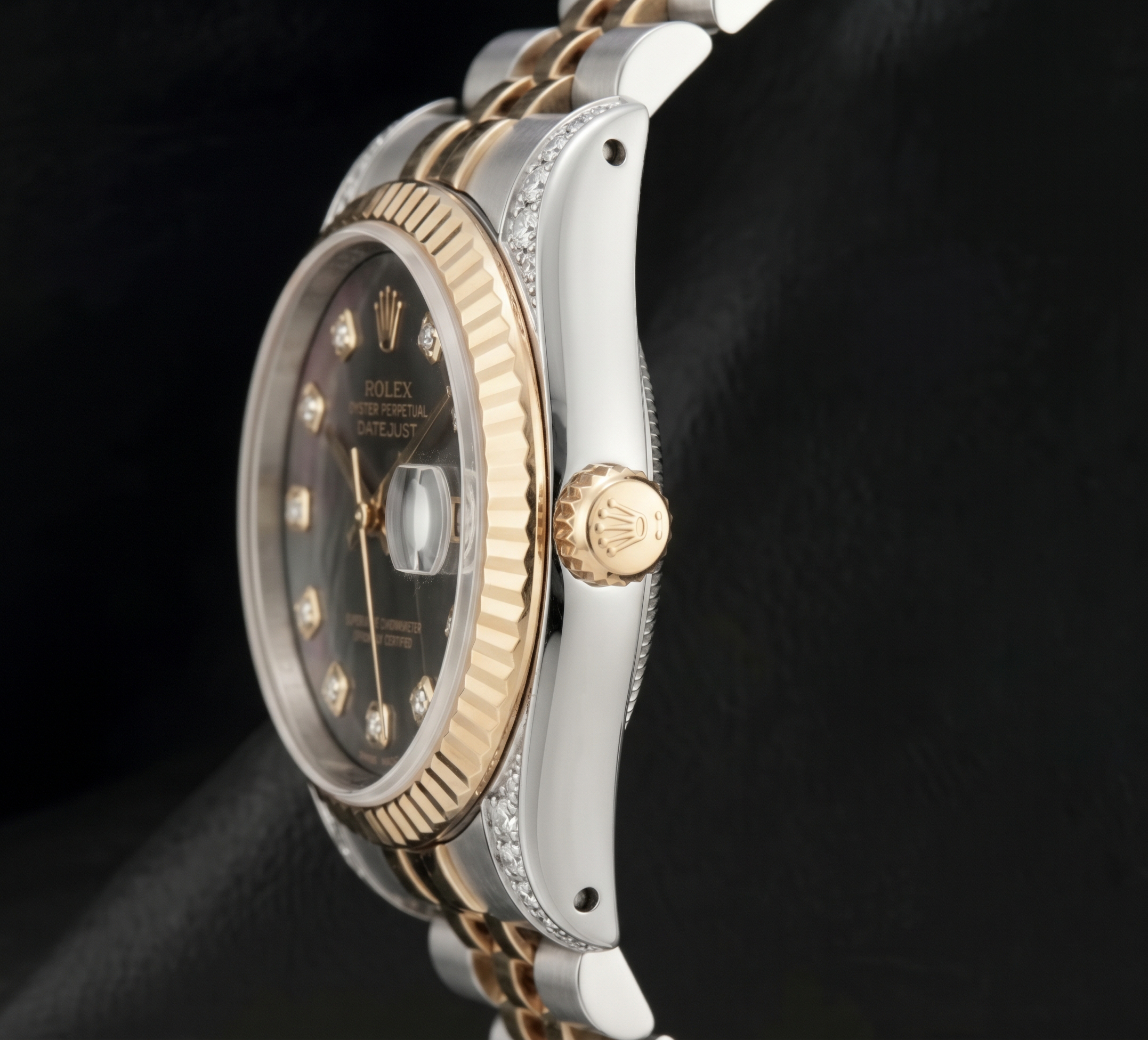 Rolex 36mm 16013 Datejust Black Mother of Pearl Diamond Dial Fluted Bezel Watch Two Tone