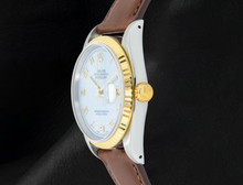 Rolex 36mm Blue Mother of Pearl Arabic Dial 16013 Datejust Brown Leather Strap Watch