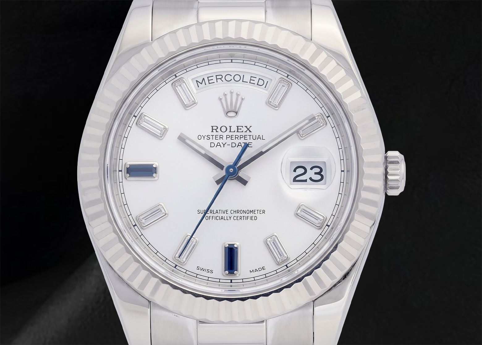 Rolex 41mm Day Date II 218239 White Baguette Diamond Dial White Gold President Bracelet 18K
