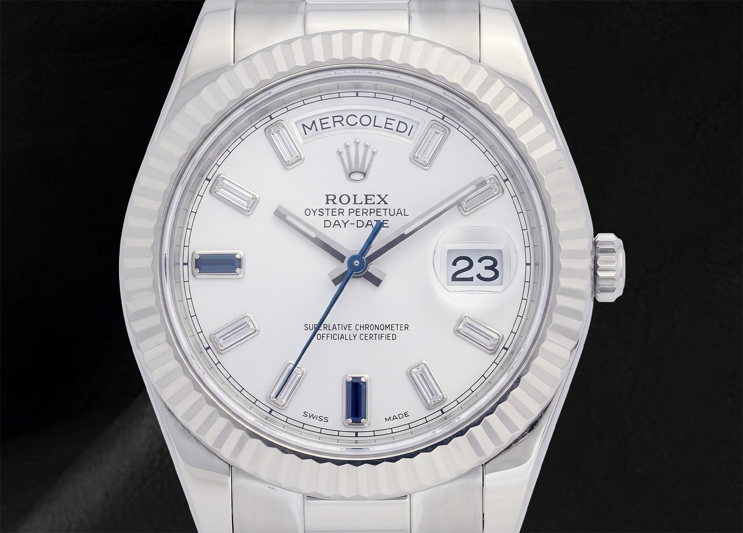 Rolex 41mm Day Date II 218239 White Baguette Diamond Dial White Gold President Bracelet 18K