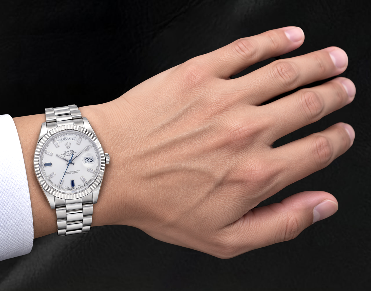 Rolex 41mm Day Date II 218239 White Baguette Diamond Dial White Gold President Bracelet 18K