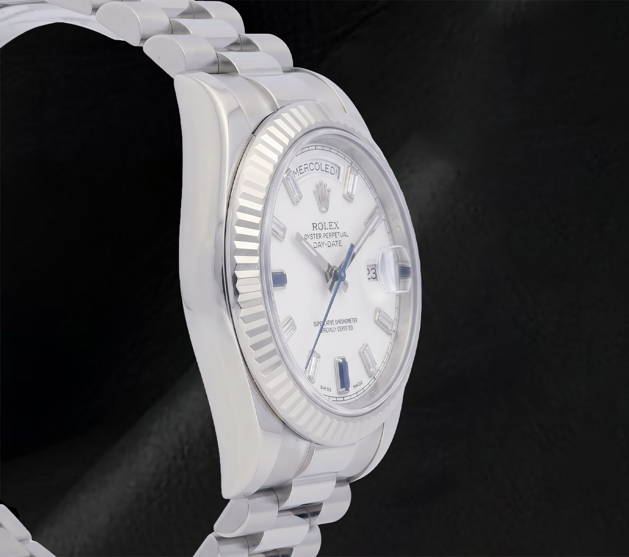 Rolex 41mm Day Date II 218239 White Baguette Diamond Dial White Gold President Bracelet 18K