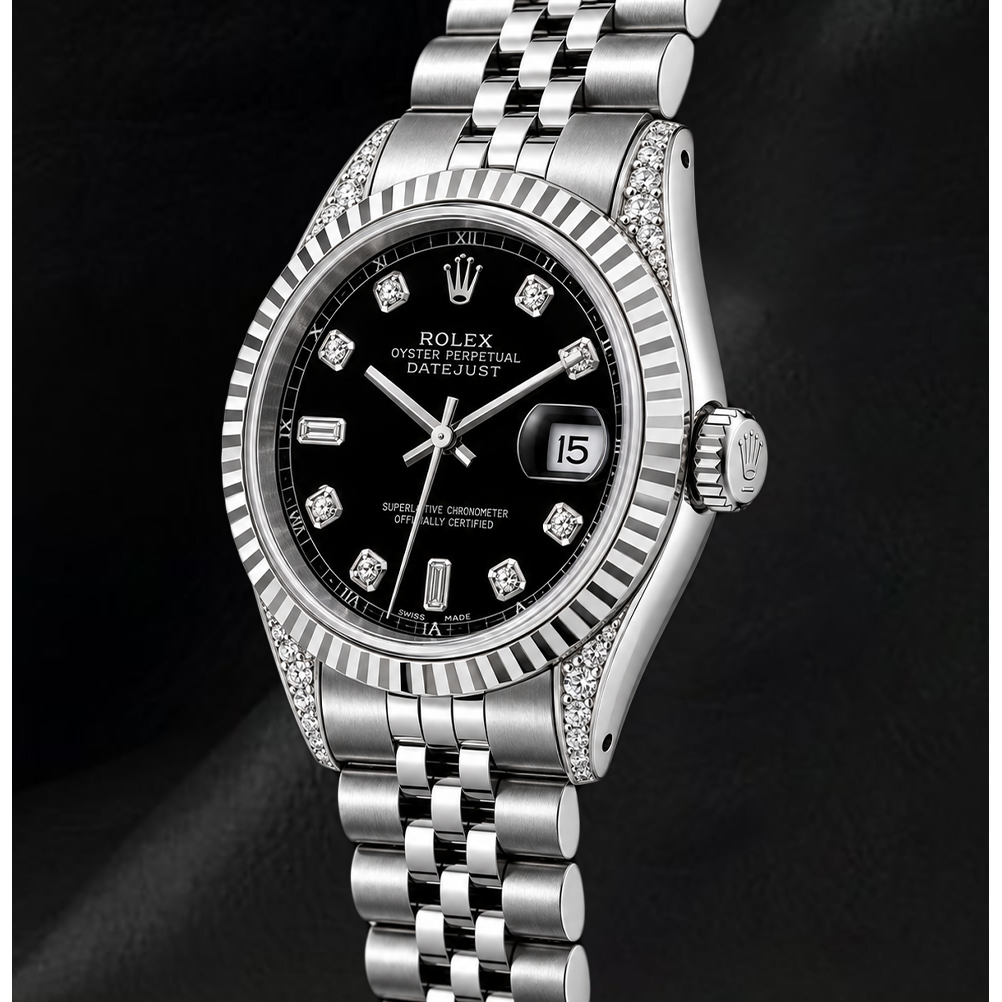 Rolex 6916 Black Diamond Dial 26mm Fluted Bezel Stainless Steel Watch