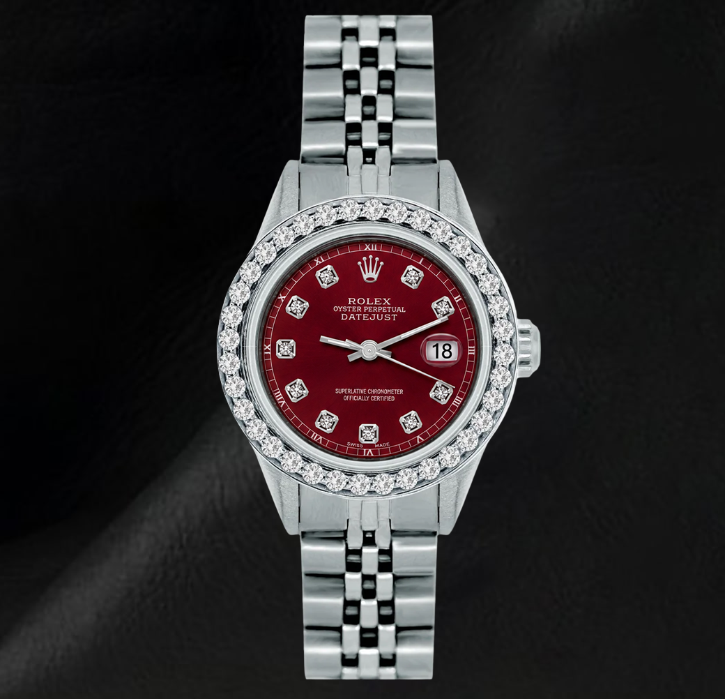 Rolex 6916 Datejust 26mm Red Diamond Dial Stainless Steel Diamond Bezel Watch